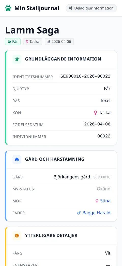 Den delade sidan för lammet Saga, som en köpare ser den utan att logga in: identitetsnummer, ras, kön, födelsedatum, gård, mor Stina och fader Bagge Harald.