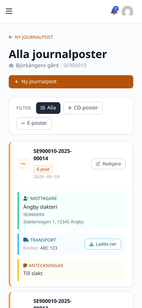 Stalljournalen i mobilen: en E-post för ett djur till slakt, med mottagarens SE-nummer, fordon och en knapp för att ladda ner transportdokumentet.