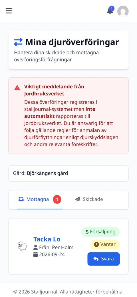 En mottagen överföring i Stalljournalen: tackan Lo från Per Holm väntar på svar, med knappen Svara.