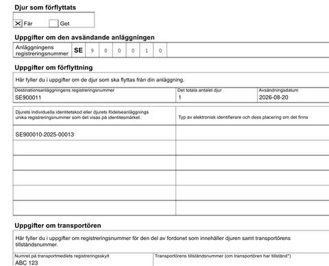 Förflyttningsdokument för får och getter, ifyllt av Stalljournalen med avsändande och mottagande SE-nummer, ett djur, datum, individnummer och fordonet ABC 123.